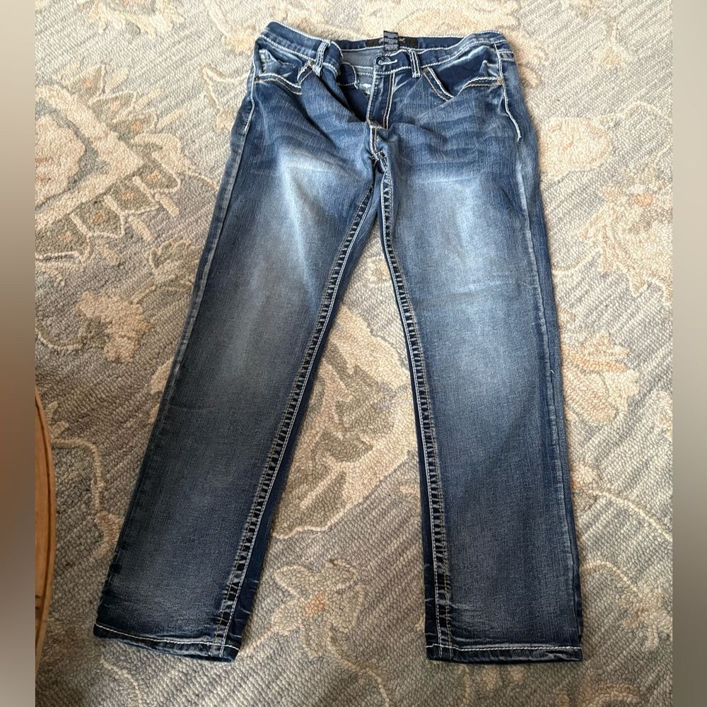 True Luck stretch contrast thick stitch flap back pocket straight jeans 35 X 32